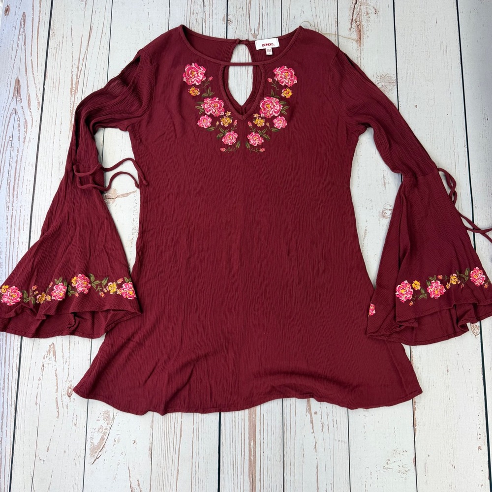 Bongo Womens Burgundy Floral Embroidered Cold Shoulder Bell Sleeve Tunic Top L